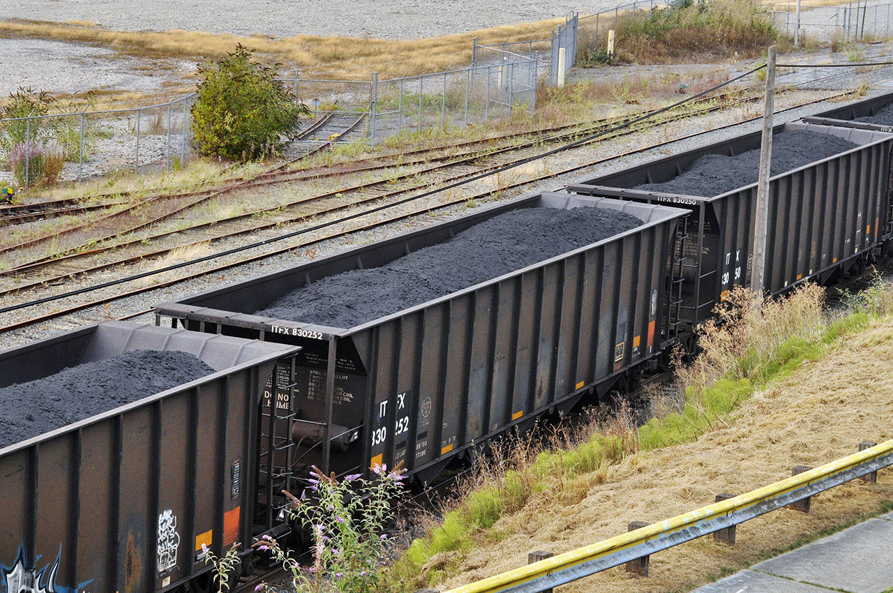 Train cars full of coal pass through Everett on Aug. 20. (Sue Misao / The Herald)