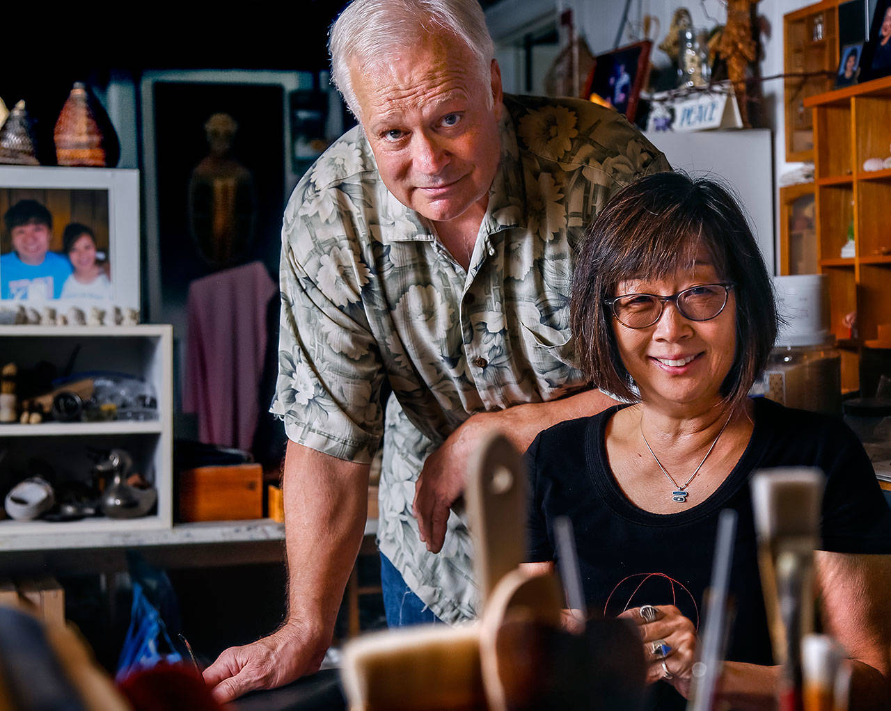 Artists Chris and Jan Hopkins each have their own studios in their Everett home. The renowned couple were named the Schack Art Center’s 2018 Artists of the Year. (Dan Bates / The Herald)