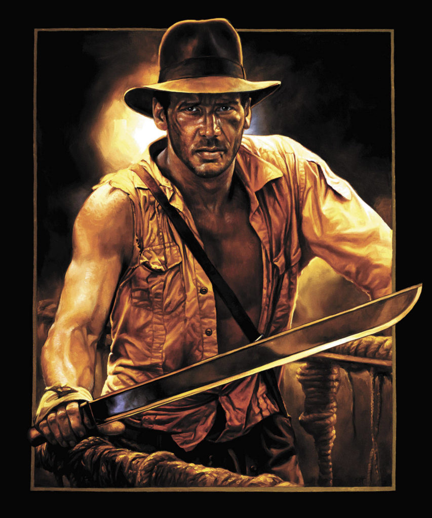 Poster art for the 1984 film “Indiana Jones and the Temple of Doom” by Chris Hopkins. Hopkins’ career began in movie poster illustration. Some of his most notable contributions have been to the “Indiana Jones” series.
