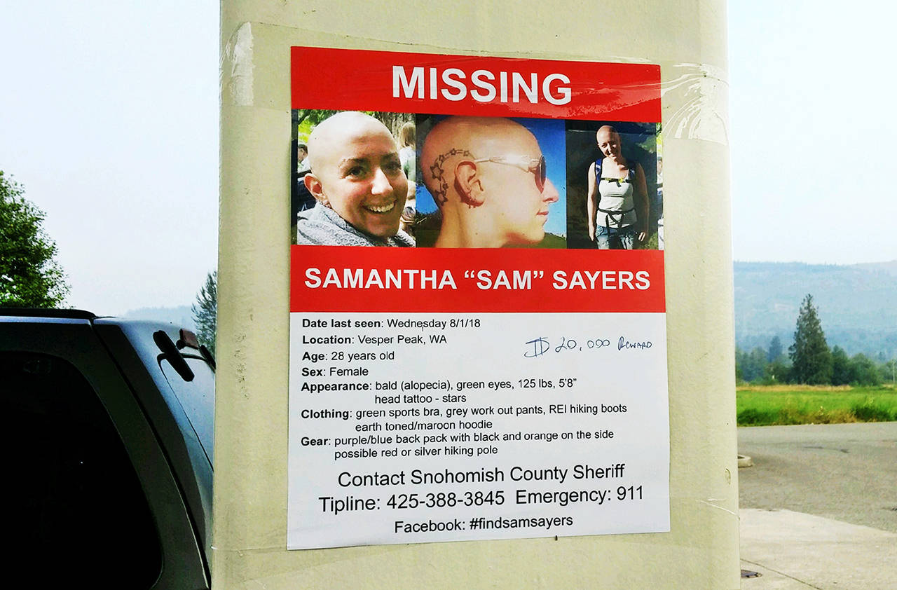A missing poster for Samantha Sayers at a gas station in Sultan. (Rikki King / The Herald)