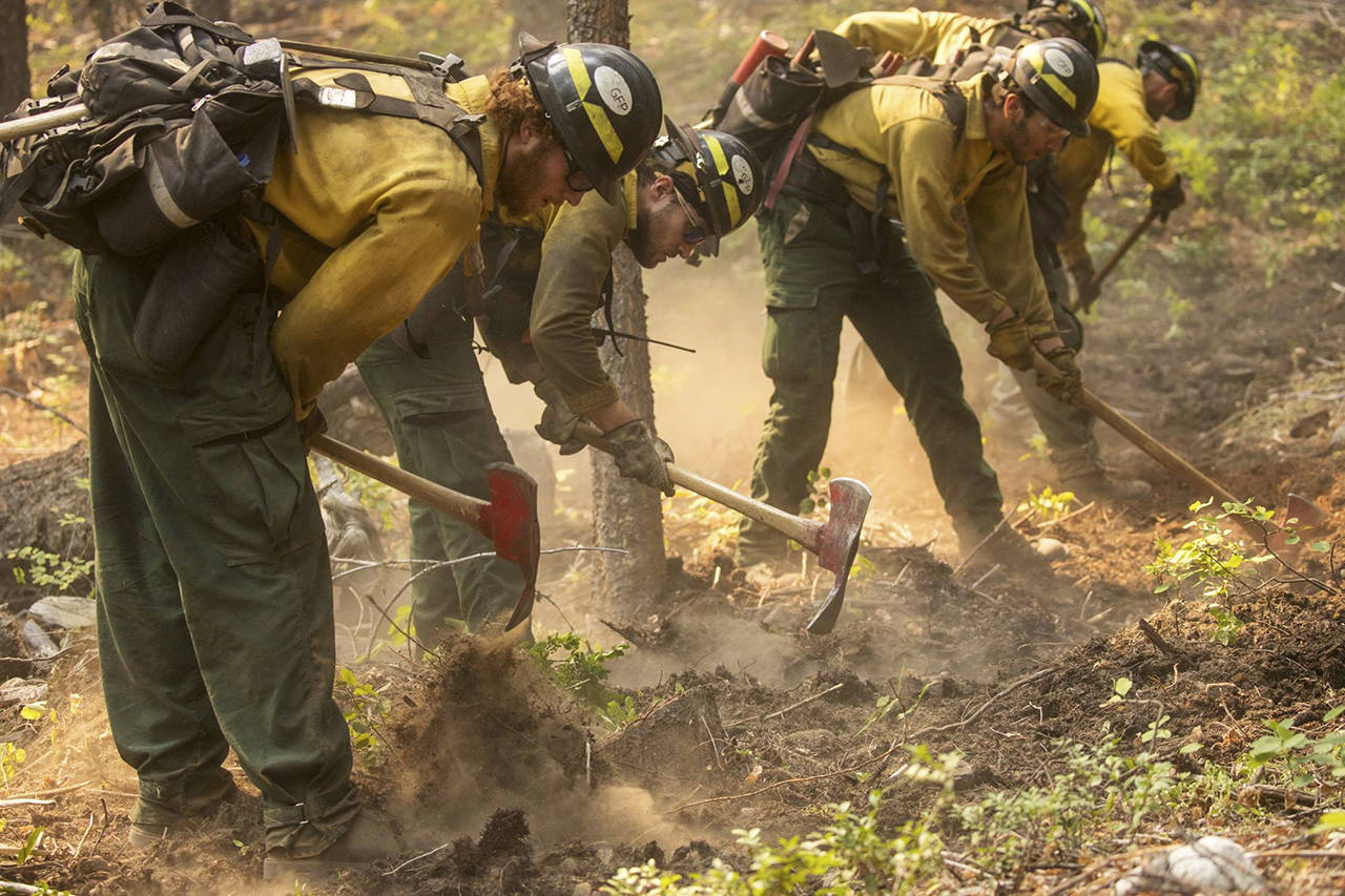 A hand crew from the local GFP Emergency Services works on the Crescent Mountain Fire on the Okanogan-Wenatchee National Forest on Aug. 21. (Kari Greer/USFS)