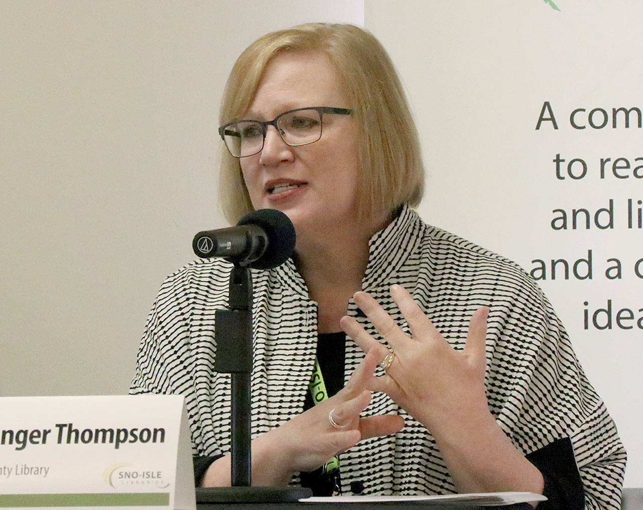 Lois Langer Thompson speaks during the Aug. 16 reception at the Coupeville Library. (Sno-Isle Libraries)