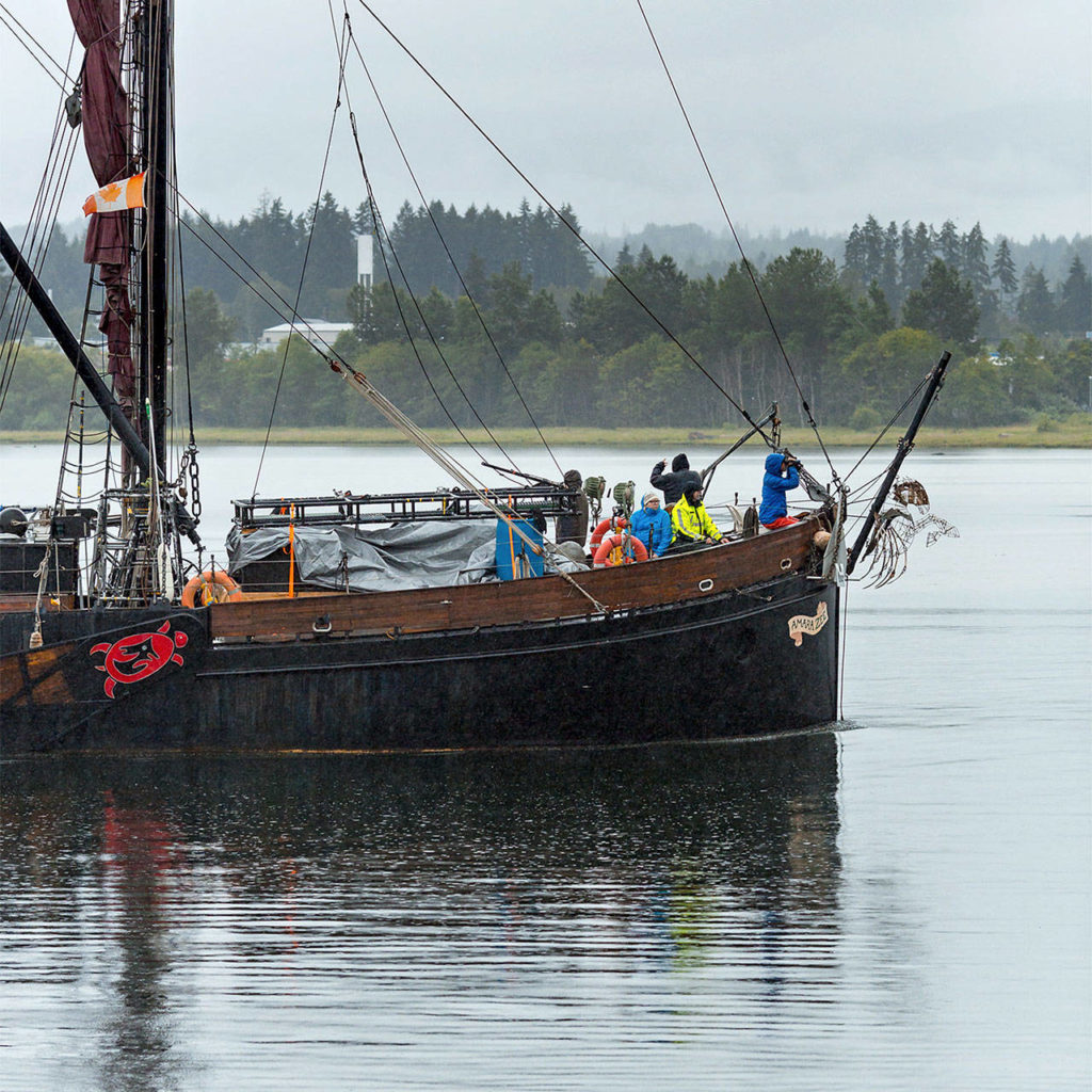 Caravan Stage Company’s “Nomadic Tempest” is performed on a tall ship named the Amara Zee, modeled after a Thames River sailing barge and built specifically for theater. The 20-person crew also maintains and pilots the boat. (Bonner Photography) 
