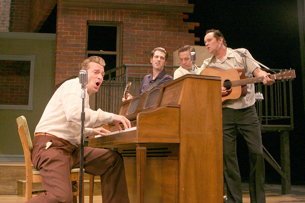 Village Theatre’s 2018-19 season includes the Elvis Presley musical “Million Dollar Quartet.” Shown in a performance from 2007 are Levi Kreis (Jerry Lee Lewis), Rob Lyons (Carl Perkins), Dane Stokinger (Elvis Presley) and Lance Guest (Johnny Cash). (Photo by Jay Koh/Village Theatre)