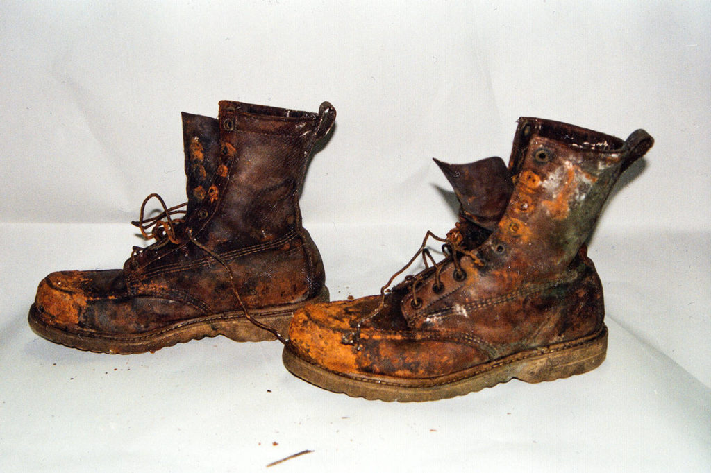 The boots found on a man found in Lake Stickney on June 11, 1994. For months, perhaps up to a year, the man had been hidden in the shallows of Lake Stickney, south of Everett. He had been shot in the head. Detectives have searched ever since for the manճ identity, his family and his killer. Like a dozen other cases of unidentified human remains in Snohomish County, he is a body without a name.
