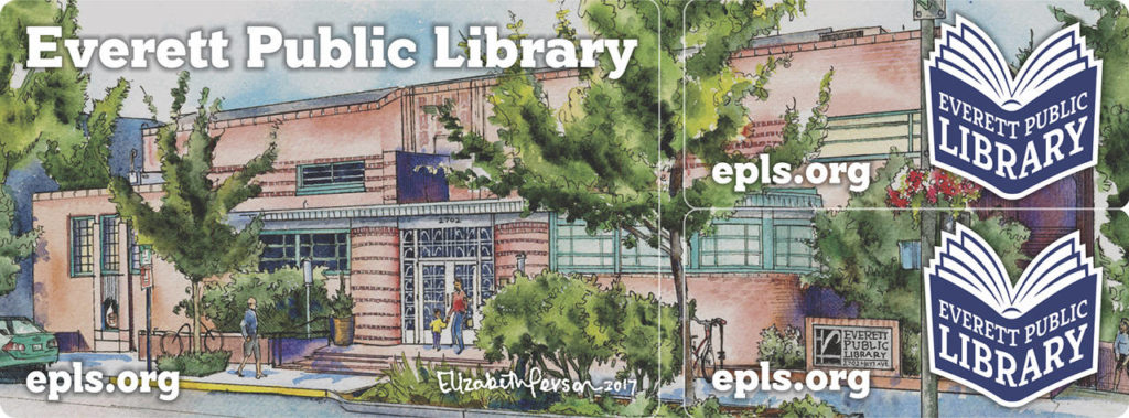 Everett Library’s new designs on library cards include a reproduction design by artist Elizabeth Person. People can choose the design on the card, which includes a smaller keychain card. (Everett Library)
