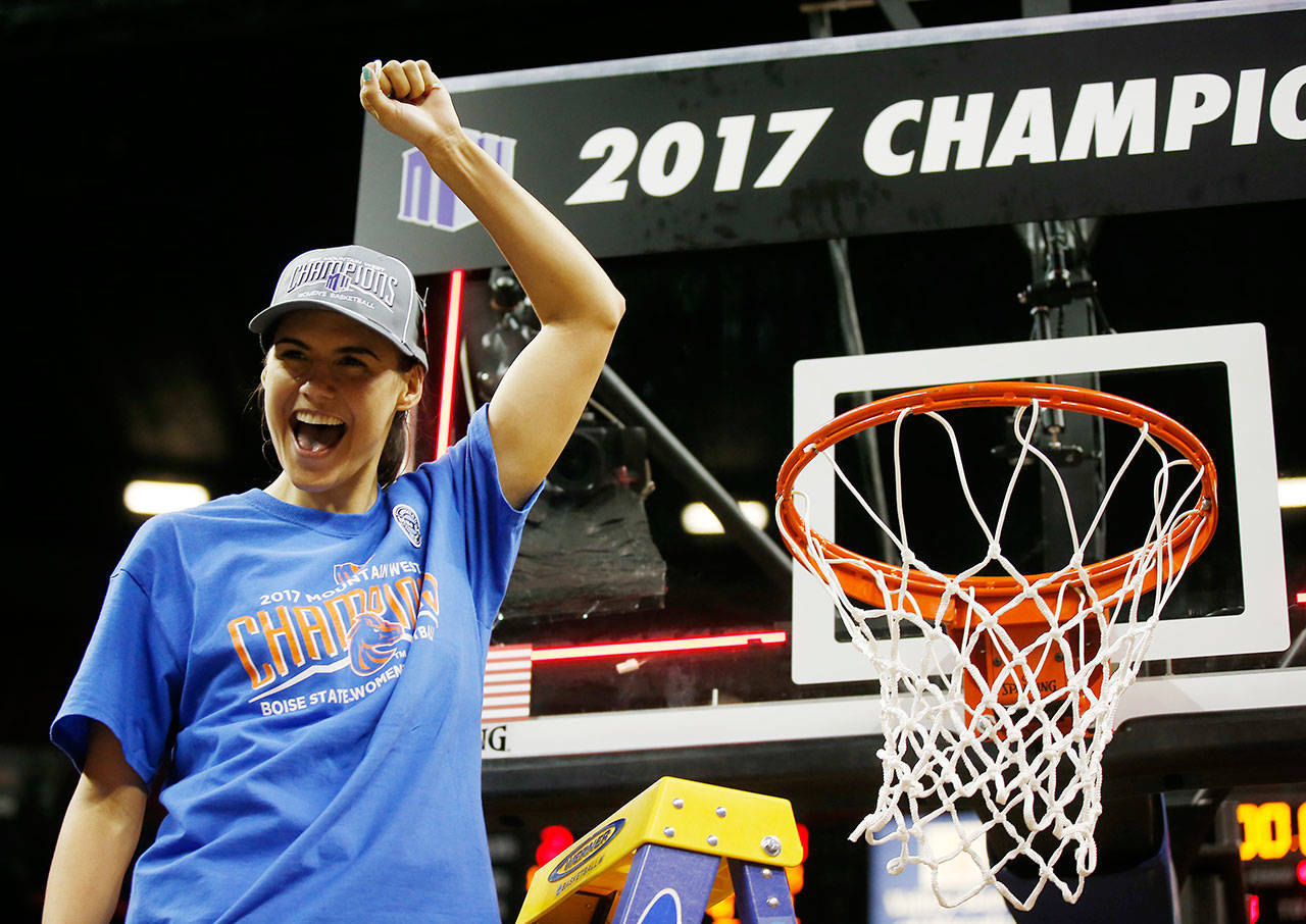 Boise State’s Brooke Pahukoa celebrates her team’s 66-53 win over Fresno State in the championship game of the 2017 Mountain West Conference Women’s Basketball Tournament on March 10, 2017, in Las Vegas. (AP Photo/Isaac Brekken)