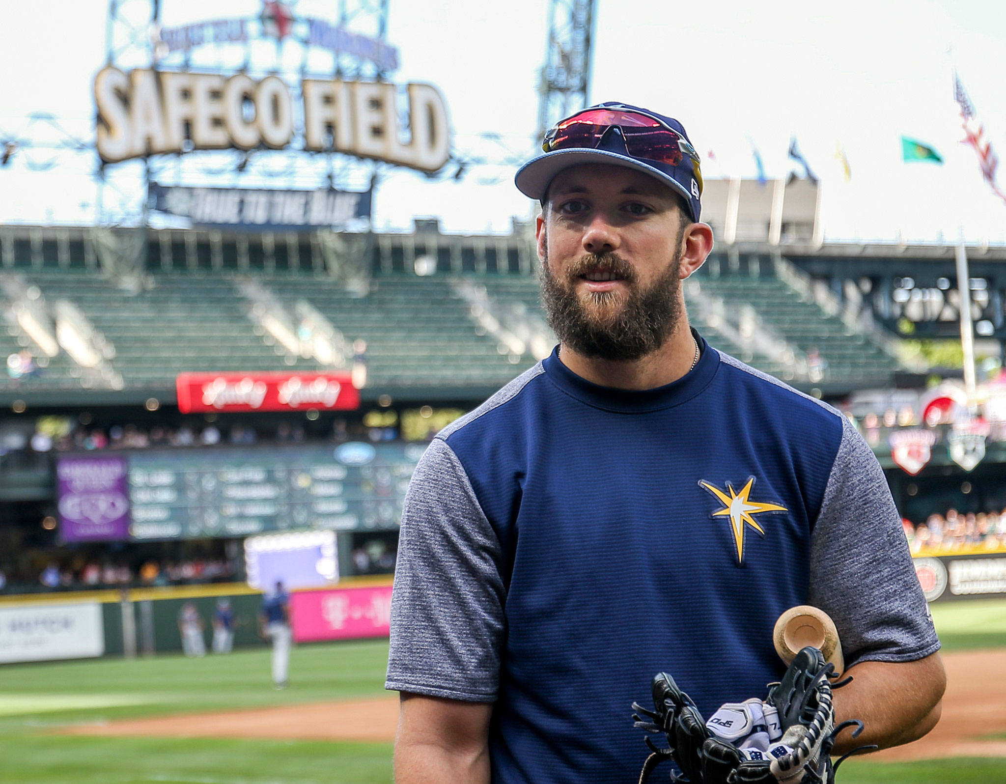 Tampa Bay’s Steven Souza Jr. takes batting practice at Safeco Field before a game against Seattle on June 3, 2017. The Cascade High School alumnus has since been traded to Arizona, but he hit 30 home runs for the Rays in 2017. (Kevin Clark / The Herald)