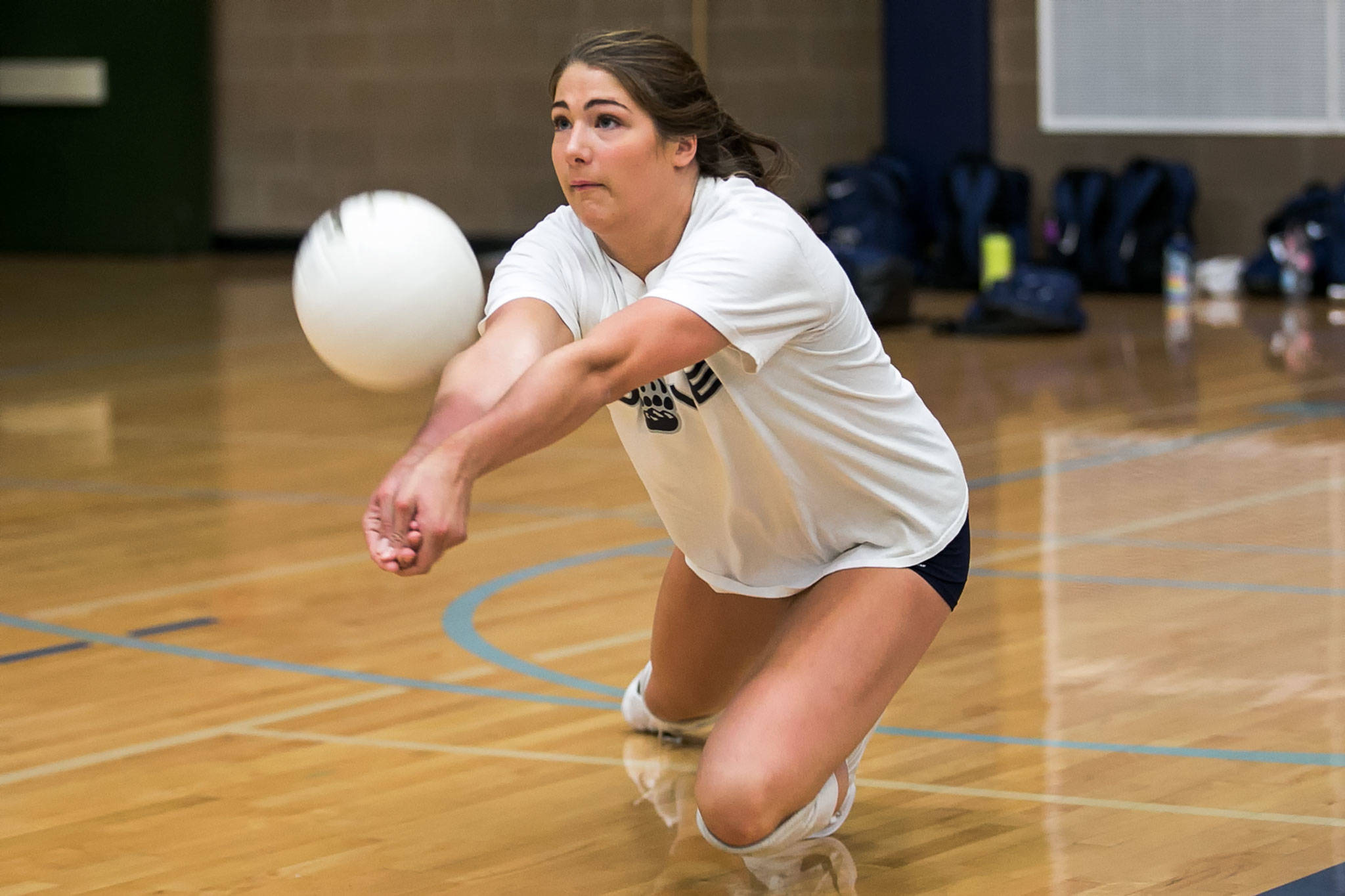 Sydney Petersen takes part in a practice session at at Glacier Peak High School. Petersen, a senior middle blocker, will continue her volleyball career at the University of Nevada. (Kevin Clark / The Herald)