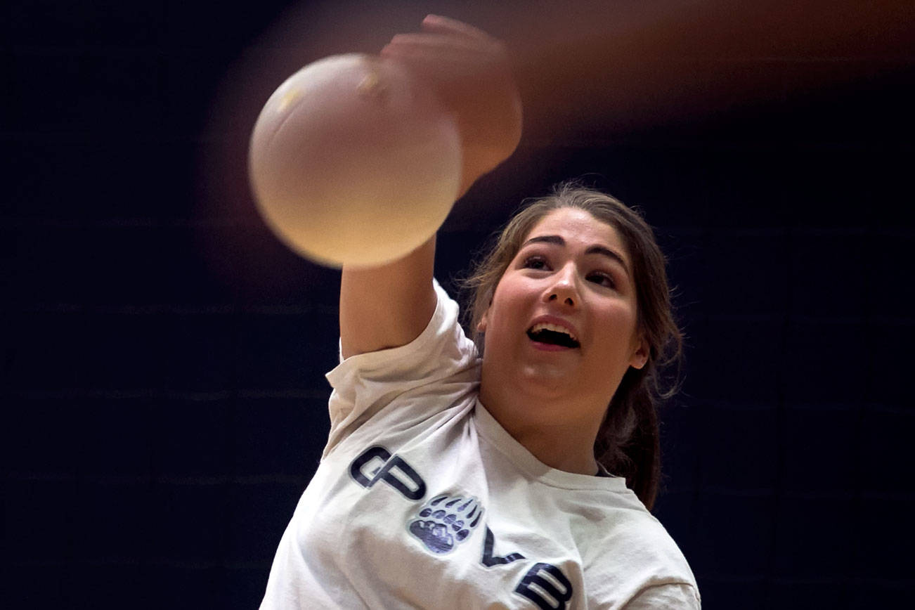Sydney Petersen works through practice at Glacier Peak High School in Snohomish on September 4, 2018. Petersen, a middle blocker, will continue her career at the University of Nevada. (Kevin Clark / The Herald)