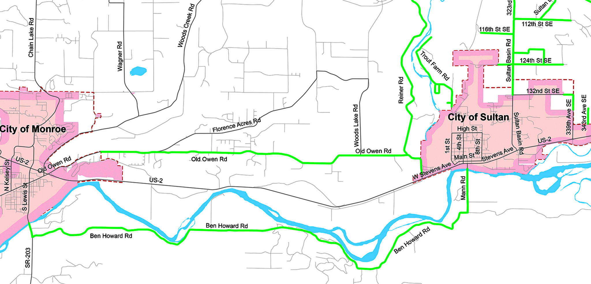 Licensed, street-legal ATVs could travel between Sultan and Monroe on Mann Road and Ben Howard Road, shown here in green, under a proposed Snohomish County ordinance. (Snohomish County)