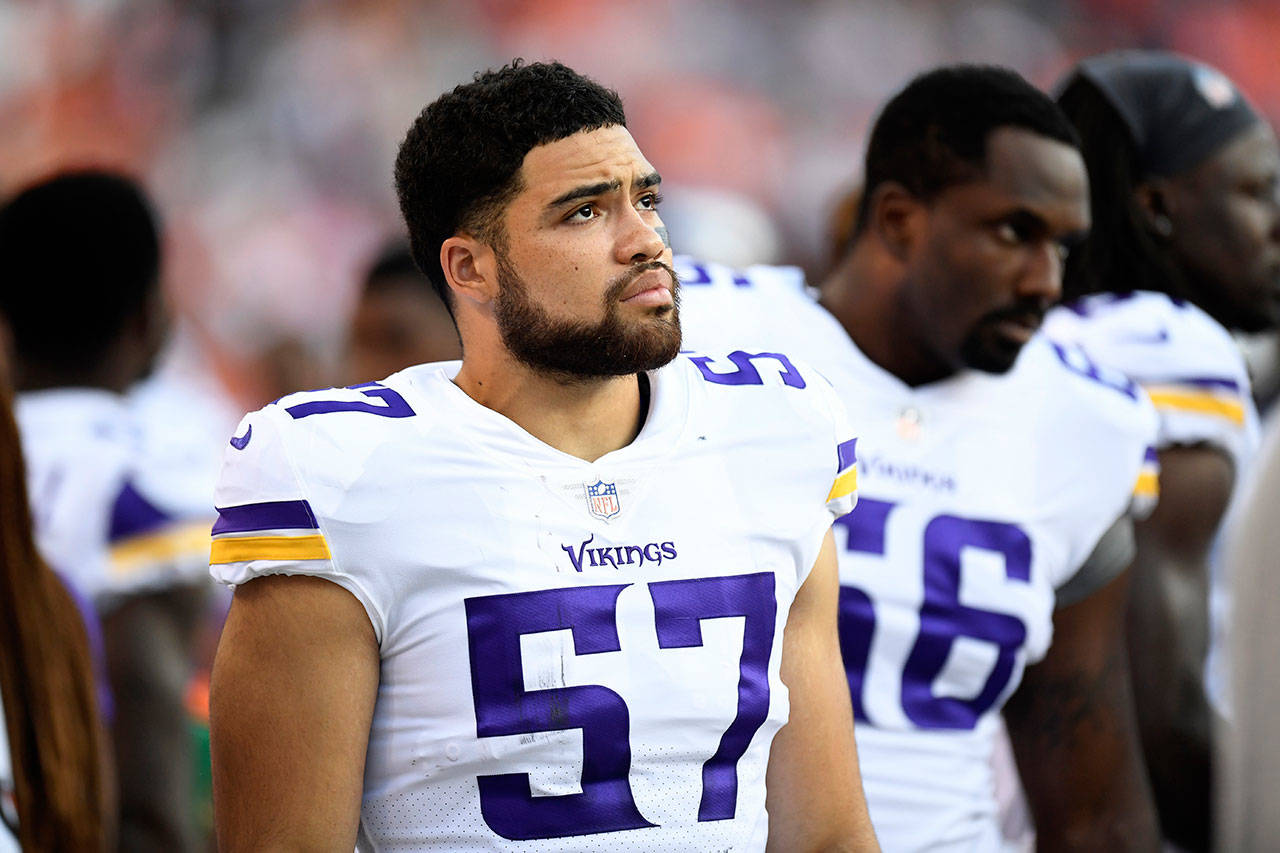 Vikings linebacker Devante Downs, a Mountlake Terrace alum, stands on the sideline before a preseason game against the Broncos on Aug. 11, 2018, in Denver. (AP Photo/Mark Reis)