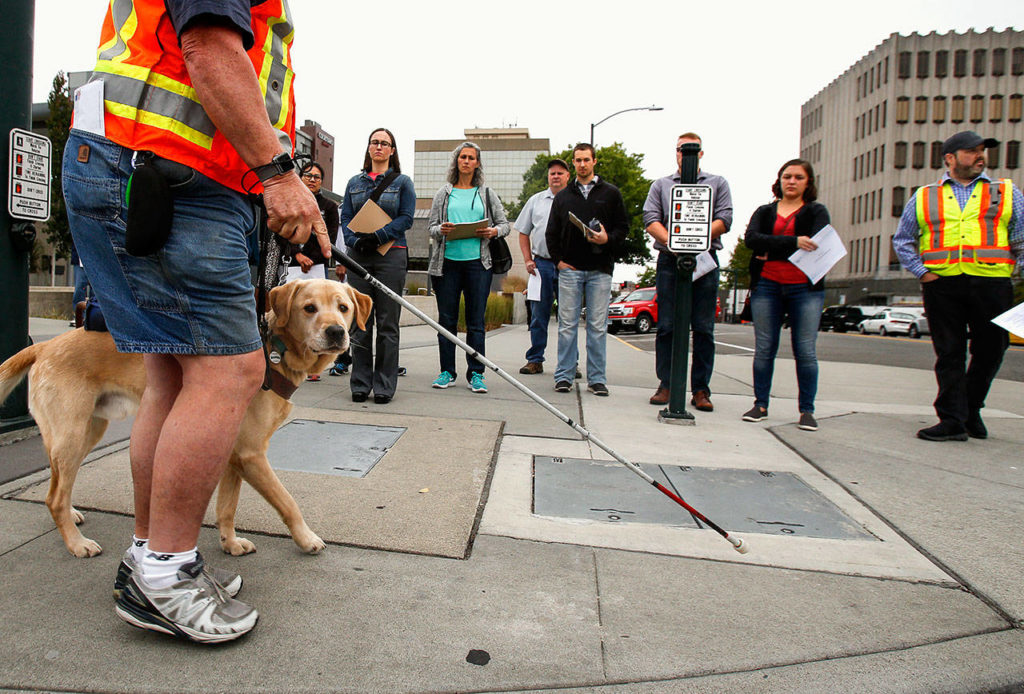 George Basioli, of Edmonds, demonstrates for groups on tour outside the Snohomish County Campus on Friday how important safety standards are for public right-of-ways such as sidewalks, crosswalks, bus stops and more. Here, Basioli and his service dog size up a curb at a large intersection as he explains the requirements for safety. (Dan Bates / The Herald)
