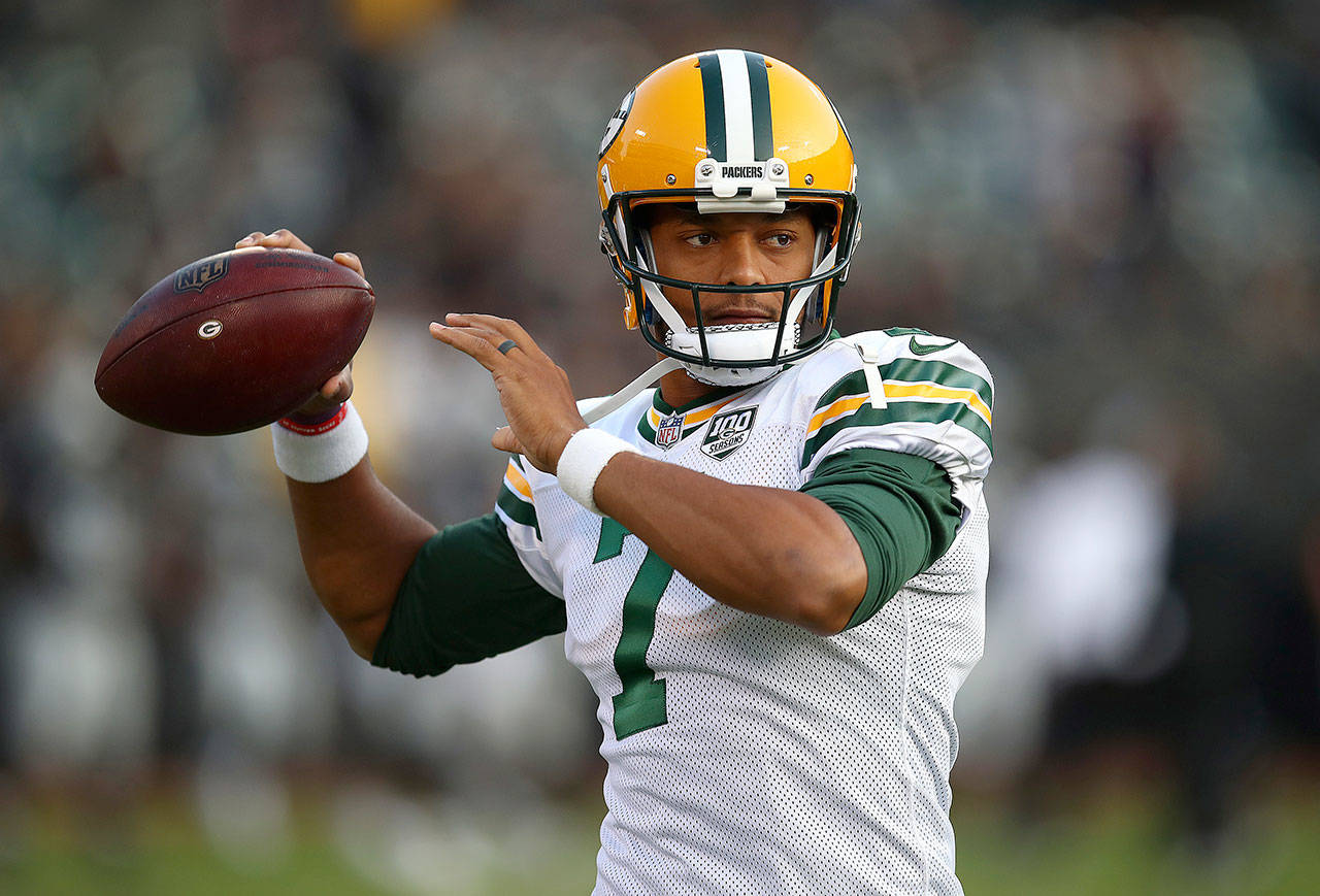 Green Bay’s Brett Hundley warms up before an Aug. 24 preseason game in Oakland, California. Hundley has a new lease on life as a member of the Seattle Seahawks. (AP Photo/Ben Margot)