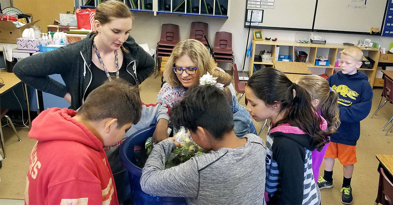 Eagle Creek Elementary summer camp students select vegetables that were grown at the school this past year. A garden was grown at the school to teach students about the growing process. (Contributed photo)