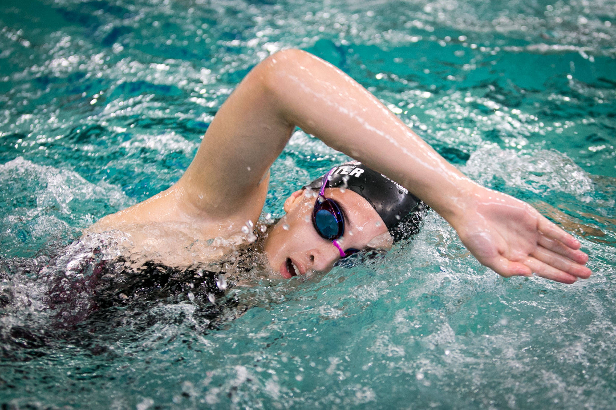 Nadia Prater cools down after a 50-meter freestyle heat on Sept. 11 at the Snohomish Aquatic Center. (Kevin Clark / The Herald)