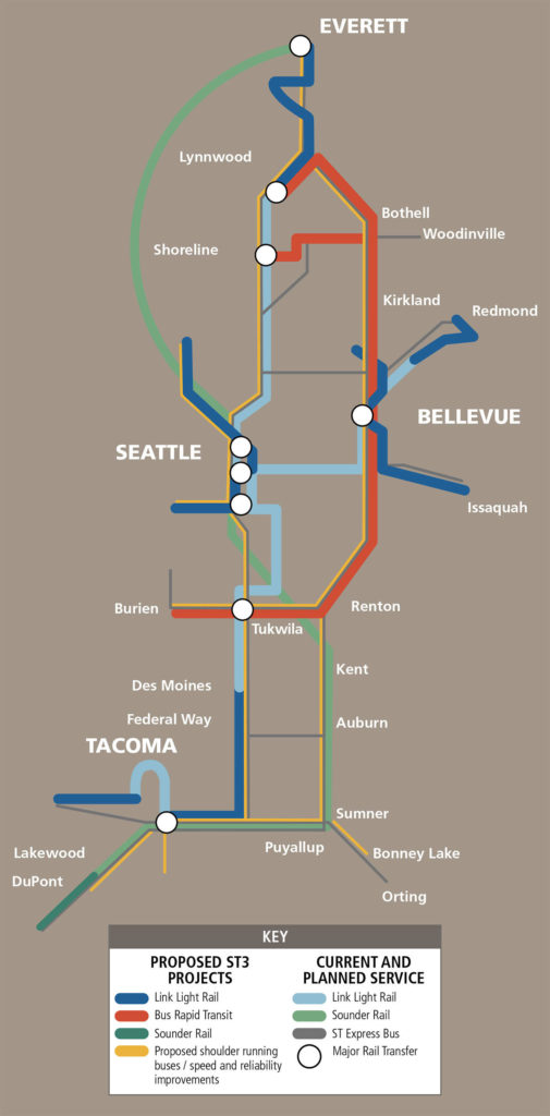 Sound Transit route map that includes proposed expansion through ST3.
