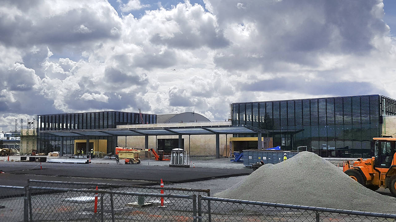 Construction on the new passenger terminal at Paine Field in Everett continues. (Noah Haglund / The Herald)
