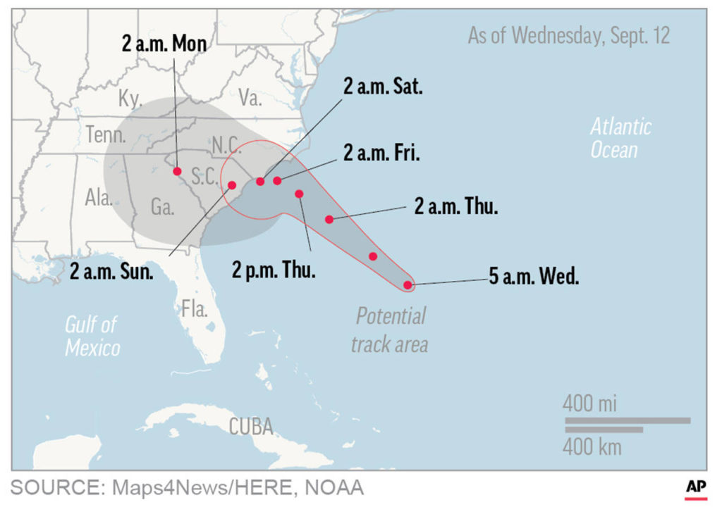 This map shows probable path of Hurricane Florence. (NASA)
