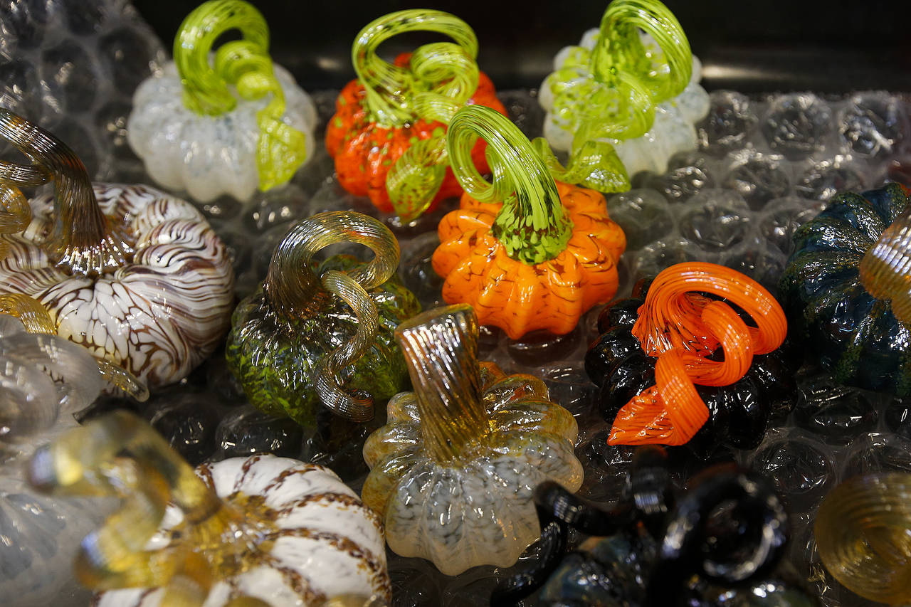 Finished handmade glass pumpkins are seen at Schack Art Center in Everett. The center’s eighth annual pumpkin festival will be held in downtown Everett through Sept. 23. (Ian Terry / Herald file)