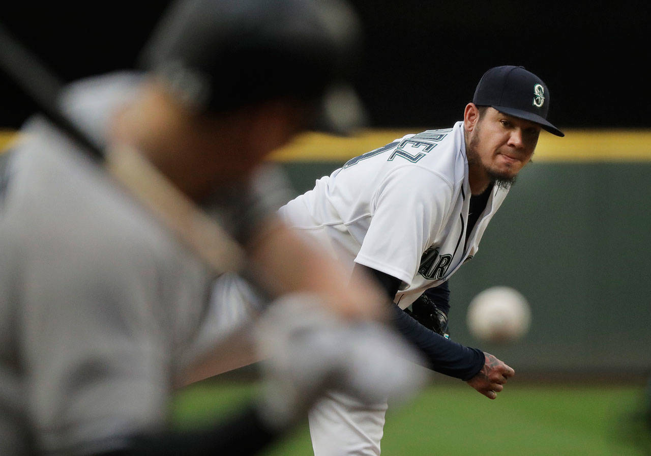 Mariners starting pitcher Felix Hernandez throws against the Yankees during the third inning of a game Sept. 8, 2018, in Seattle. (AP Photo/Ted S. Warren)