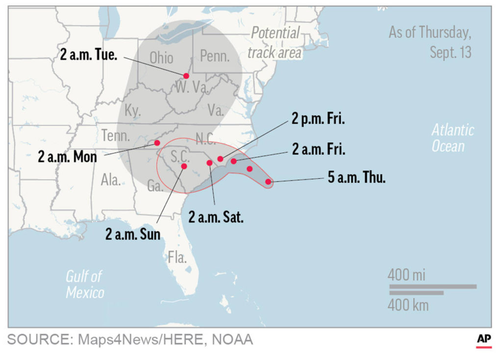 This map shows the probable path of Hurricane Florence. (NOAA)

