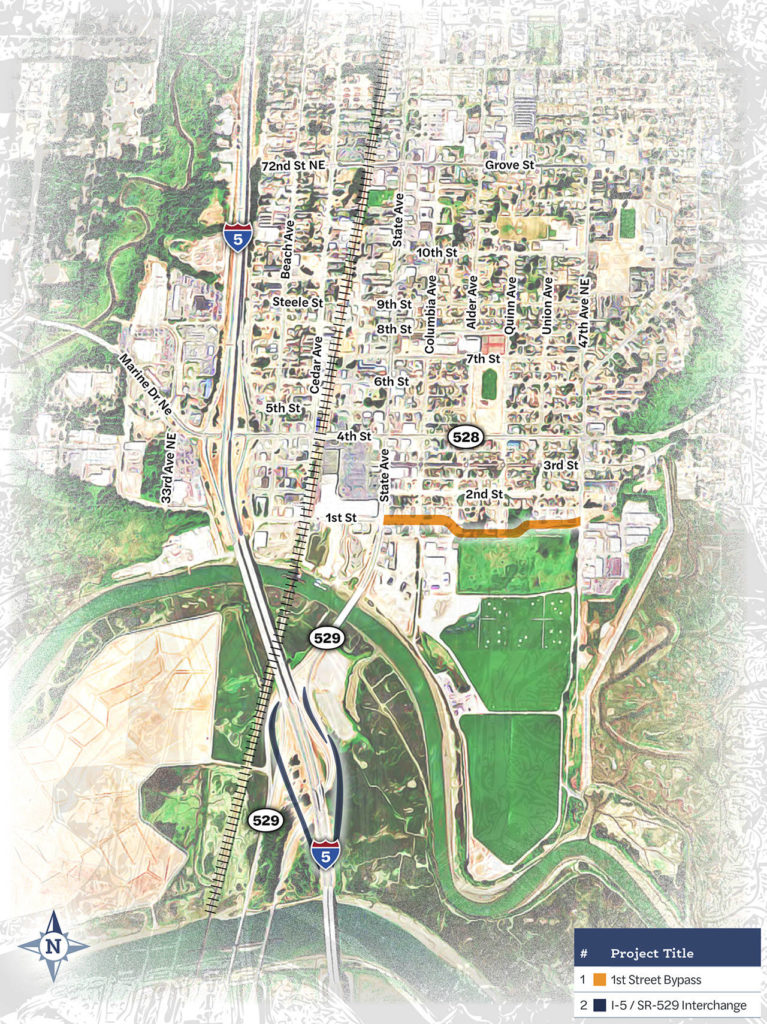 The new interchange at Highway 529 is shown in blue and the First Street bypass is shown in orange in this artist’s rendering of two key pieces of a larger plan to alleviate traffic congestion in and out of Marysville. The right shoulder of I-5, up to Highway 528 (Fourth Street), also will be opened to traffic during peak times of congestion. Further north, the city is also working on plans for an overcrossing on Grove Street to span the railroad tracks. (City of Marysville graphic)
