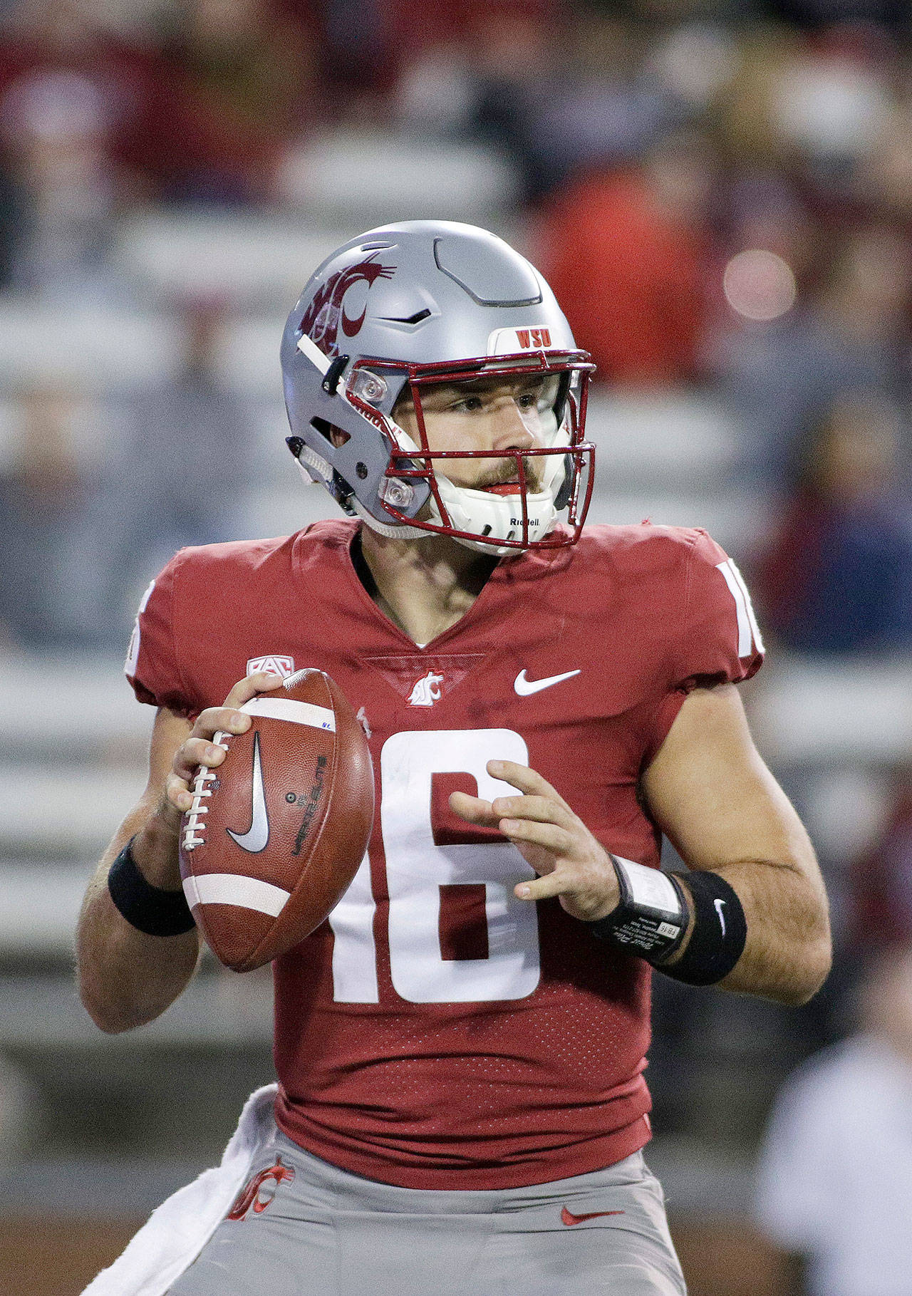 Washington State quarterback Gardner Minshew drops back to pass during the second half of the Cougars’ 31-0 victory over San Jose State on Sept. 8 in Pullman. (AP Photo/Young Kwak)