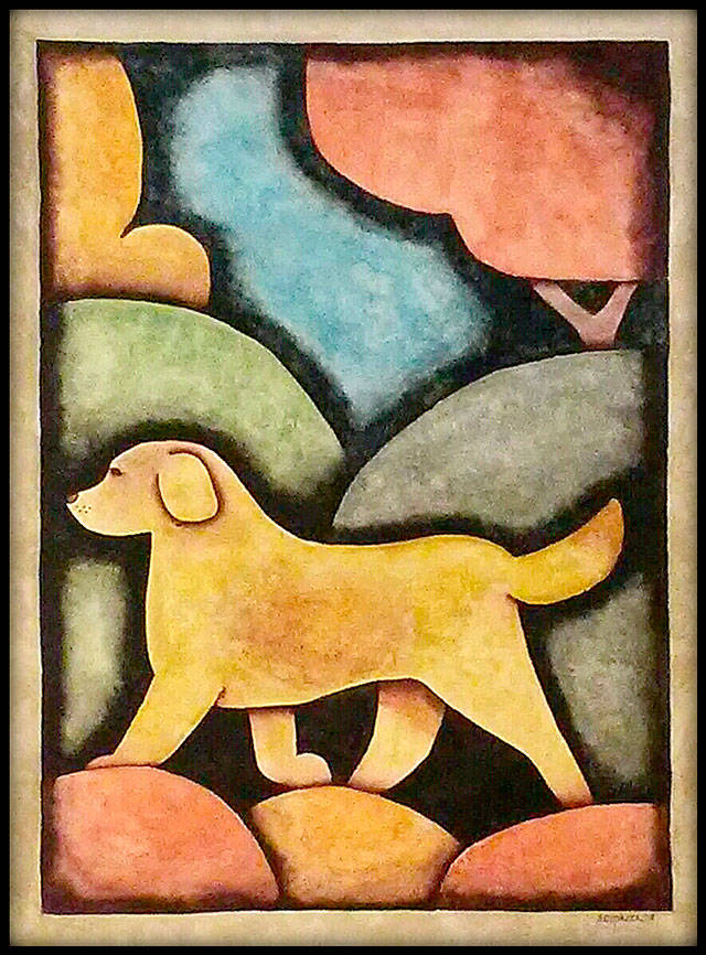“Yellow Dog,” gouache on paper, by Shawn Southwick in the new exhibit, “FANTASTIC!”, a group show by 15 artists through Nov. 2 at Sisters Restaurant in Everett.