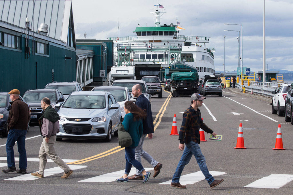 Offloading ferry traffic is stopped to allow pedestrians to cross the street at the Edmonds Ferry dock on Friday, Sept. 21, 2018 in Edmonds, Wa. (Andy Bronson / The Herald)
