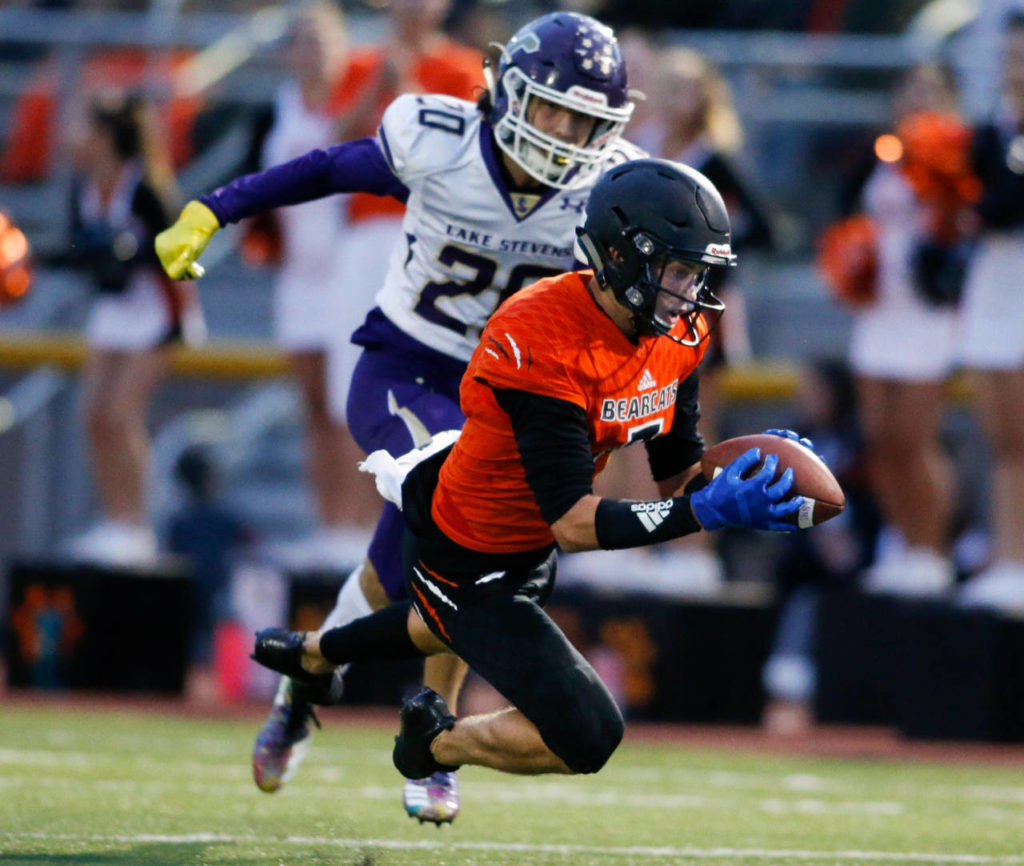 Monroe’s Efton Chism III intercepts a pass in Friday night’s game against Lake Stevens. (Andy Bronson / The Herald)
