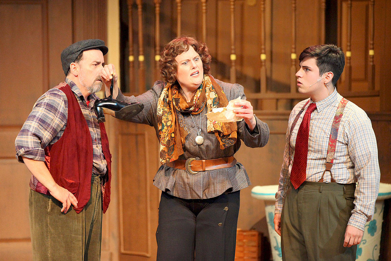 Joe Wack as Flint, Teri Lee Thomas as Miss Tweed, Gabriel Ponce as Geoffrey in the Driftwood Players production of “Something’s Afoot.” (Dale Sutton/Magic Photo)