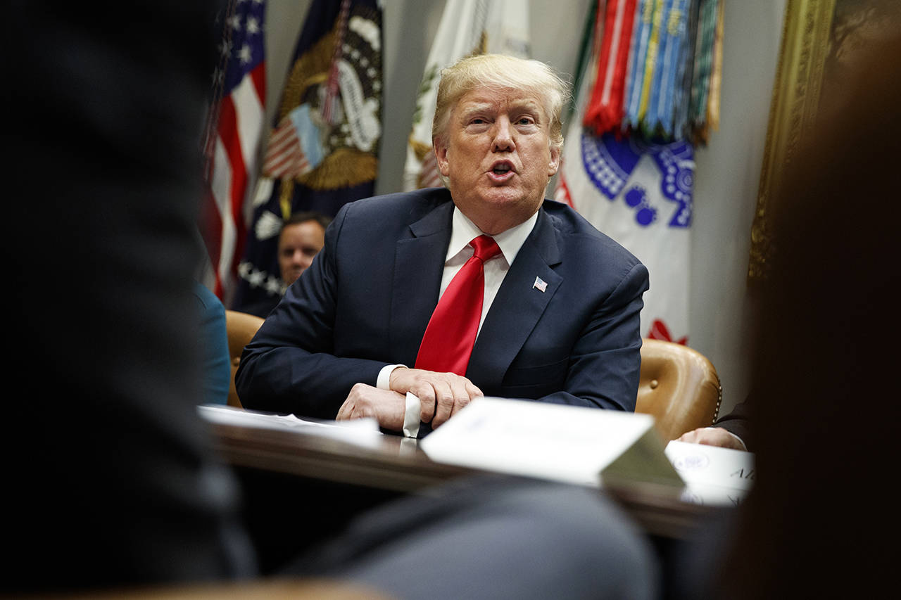 President Donald Trump speaks during a meeting of the President’s National Council of the American Worker in the Roosevelt Room of the White House on Monday in Washington. (AP Photo/Evan Vucci)