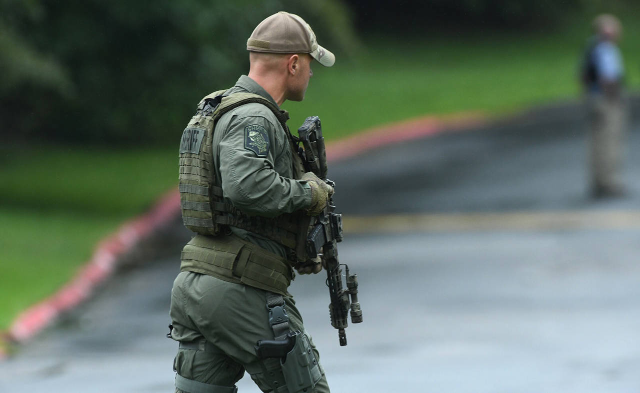 Authorities respond to a shooting in Harford County, Maryland, on Thursday. (Jerry Jackson /The Baltimore Sun via AP)