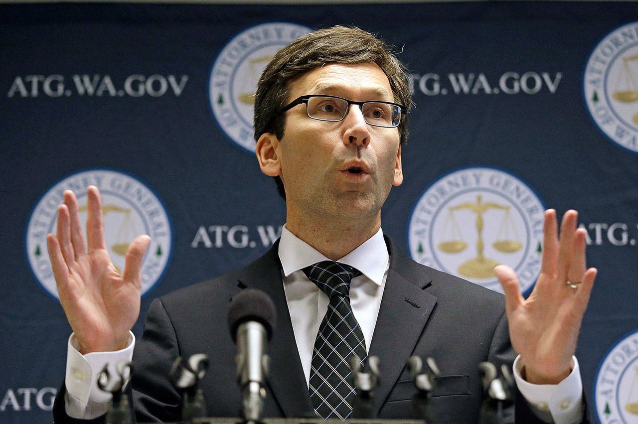 In this 2017 photo, Washington state Attorney General Bob Ferguson speaks at a news conference in Seattle. (AP Photo/Elaine Thompson, File)