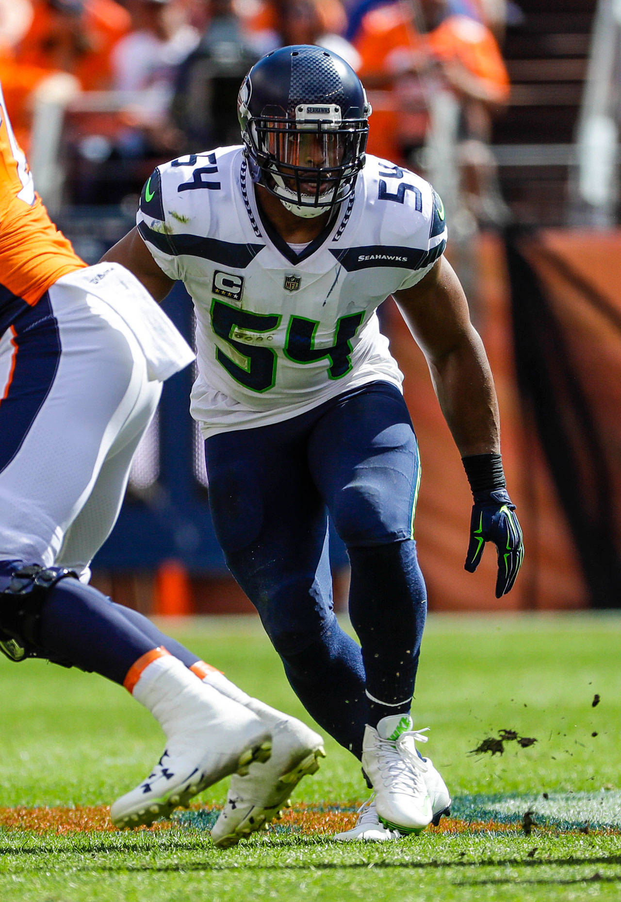 Seattle’s Bobby Wagner prepares for a play during a Sept. 9 game in Denver. (AP Photo / Jack Dempsey)