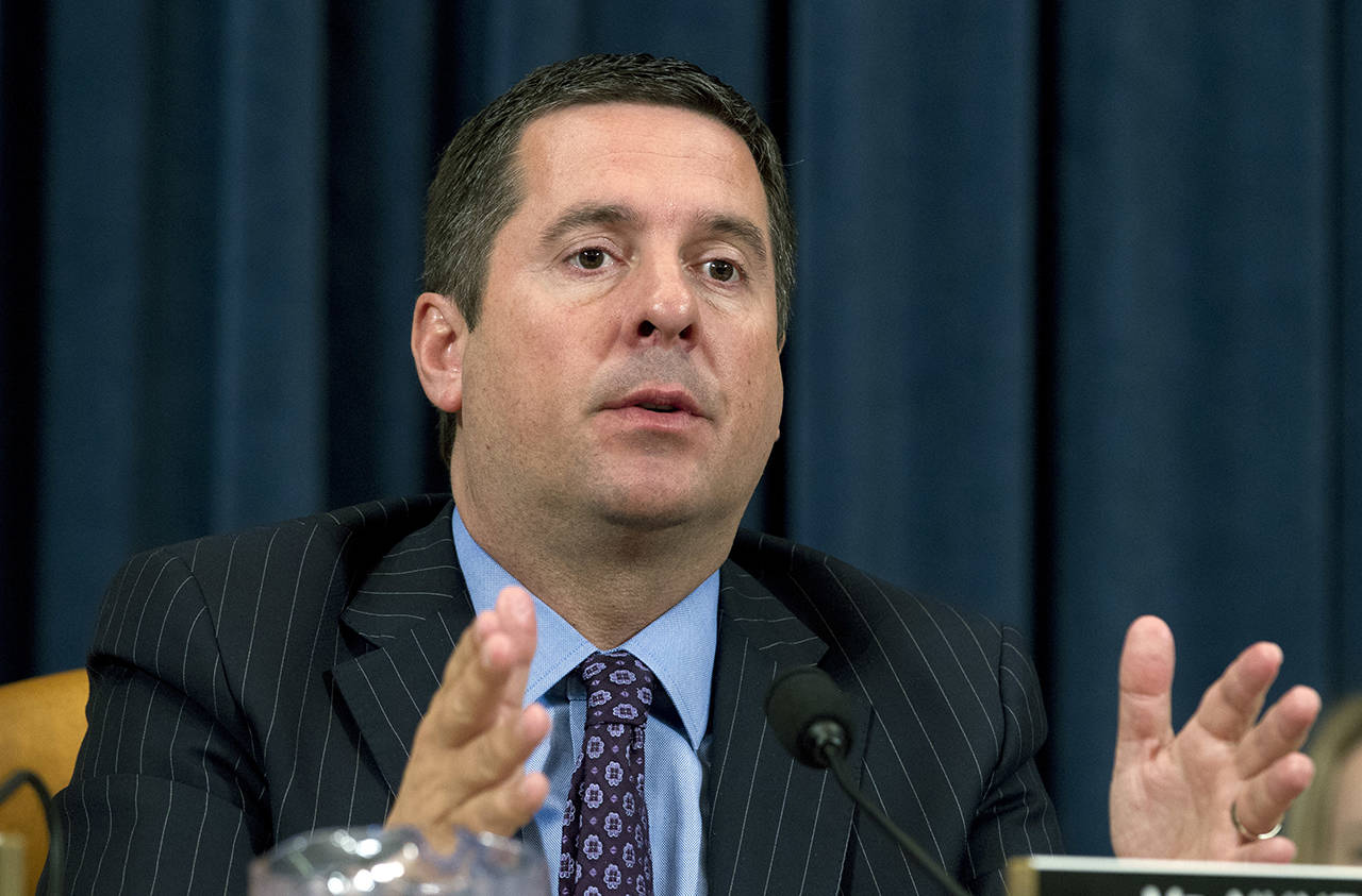 This April 12 photo shows Rep. Devin Nunes, R-Calif., speaking during a committee hearing on Capitol Hill in Washington. The House intelligence committee chairman said Sunday he plans to release the transcripts of dozens of private interviews conducted during its investigation into Russian election-meddling and would push the director of national intelligence to declassify others. President Trump on Friday walked back his order for the declassification. (AP Photo/Jose Luis Magana, File)
