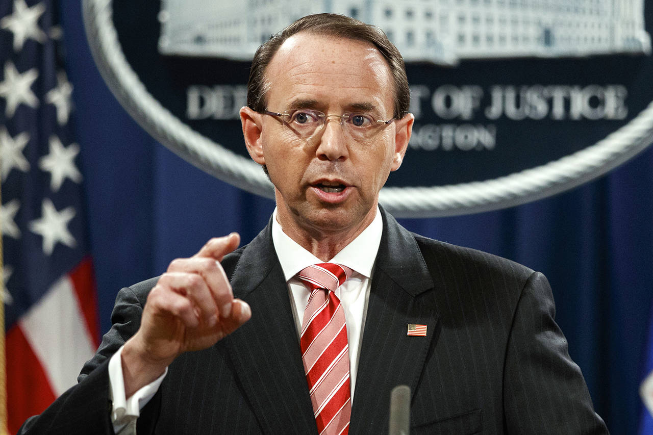 In this July 13 photo, Deputy Attorney General Rod Rosenstein speaks during a news conference at the Department of Justice in Washington. (AP Photo/Evan Vucci, File)