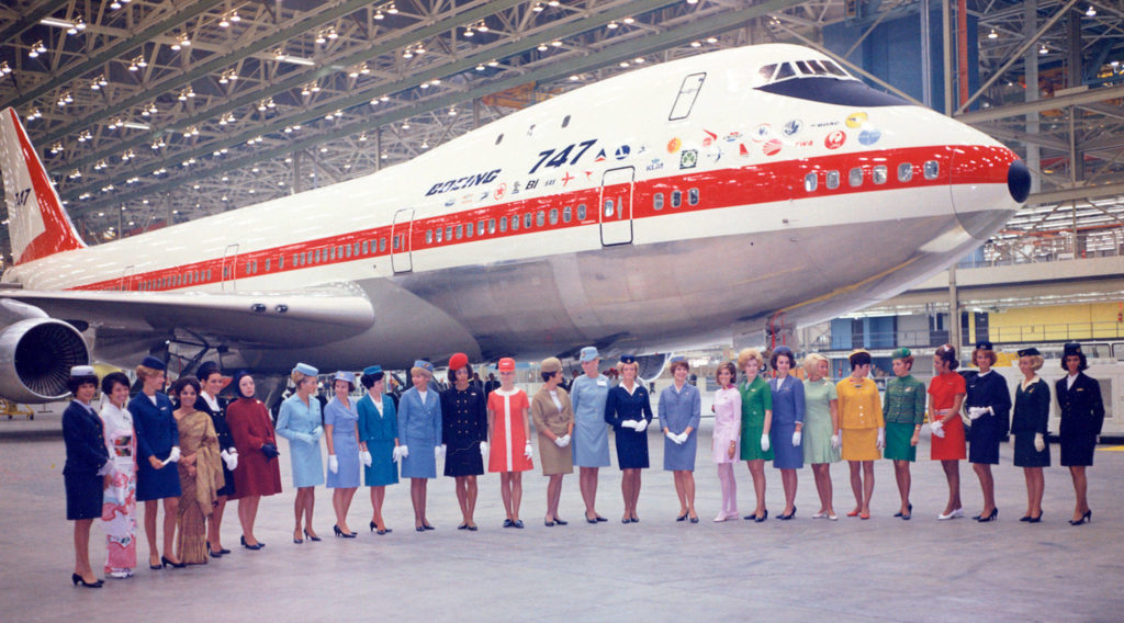 The first Boeing 747 inside the Everett factory. (Boeing Co.)
