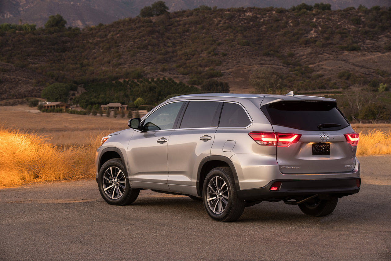 The 2018 Toyota Highlander SUV has three rows of seats, accommodating up to seven or eight passengers. (Manufacturer photo)
