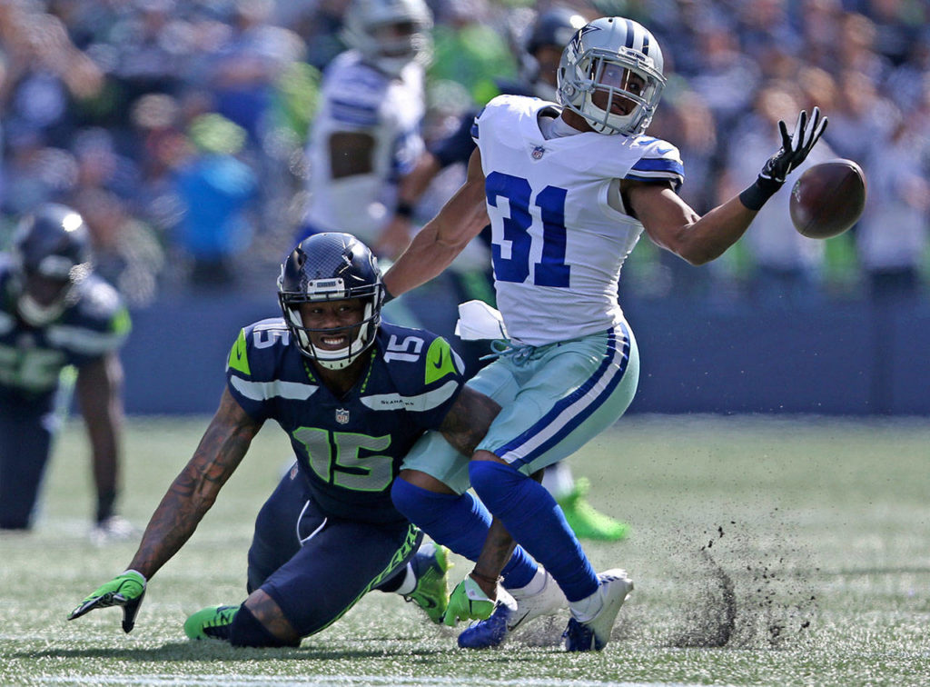 Cowboys’ Byron Jones almost intercepts a pass during the game against the Dallas Cowboys on Sept. 23, 2018 in Seattle, Wa. (Olivia Vanni / The Herald)
