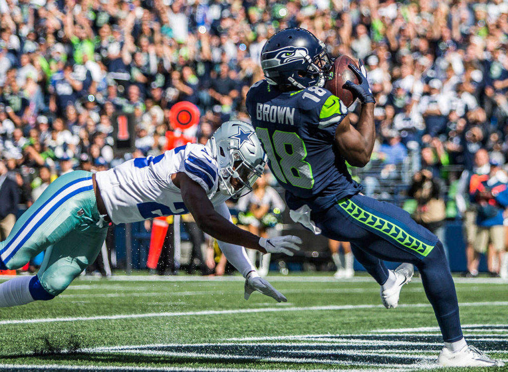 Seahawks’ Jaron Brown catches a pass for a touchdown during the game against the Dallas Cowboys on Sept. 23, 2018 in Seattle, Wa. (Olivia Vanni / The Herald)
