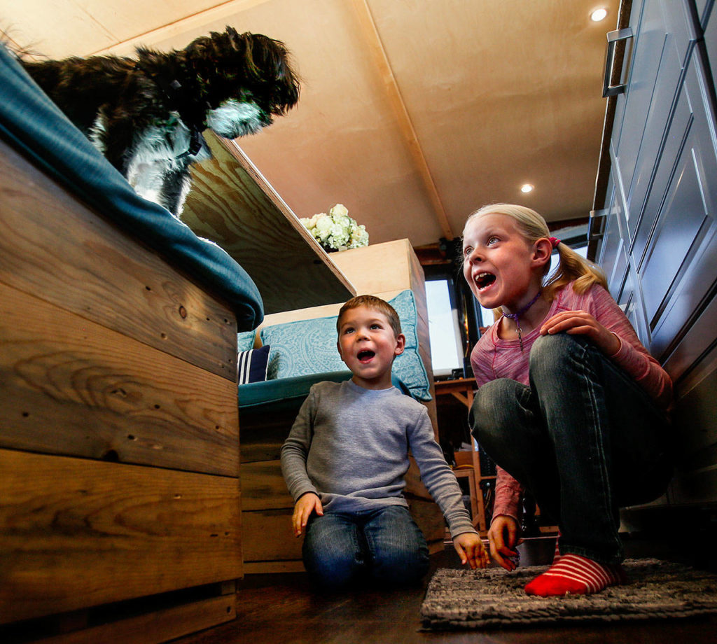 Caleb, 4, joins his sister Felicity, 7, trying to coax Trusty to jump down from the seating at their boat’s kitchen table. (Dan Bates / The Herald)
