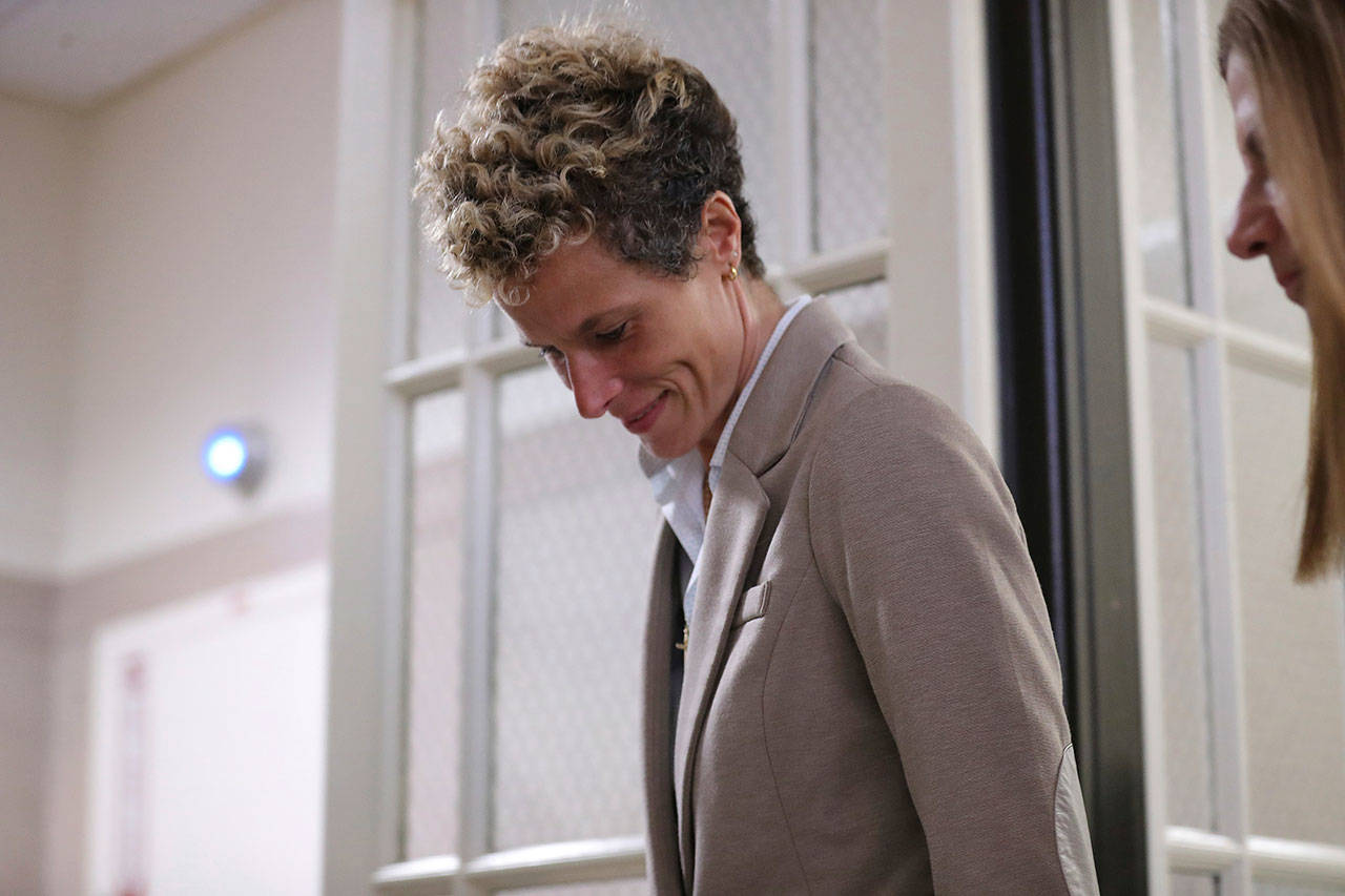 Andrea Constand leaves after the first day of the sentencing hearing Sept. 24, 2018, in the sexual assault trial of entertainer Bill Cosby at the Montgomery County Courthouse in Norristown, Pa. (David Maialetti/The Philadelphia Inquirer via AP, Pool)