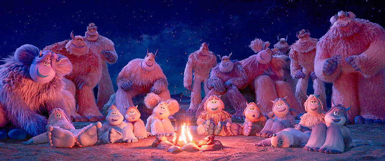 A tribe of Yetis in the Himalayas are suspicious of the title characters — humans — in “Smallfoot.” (Warner Bros.)