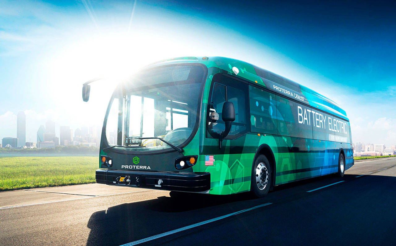 A Proterra Catalyst E2 electric bus, similar to the one shown here, began service in Everett last week. (Proterra)