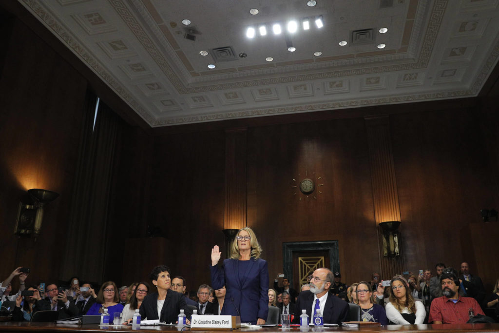 Christine Blasey Ford is sworn in to testify before the Senate Judiciary Committee on Capitol Hill in Washington on Thursday. (Jim Bourg/Pool Photo via AP)

