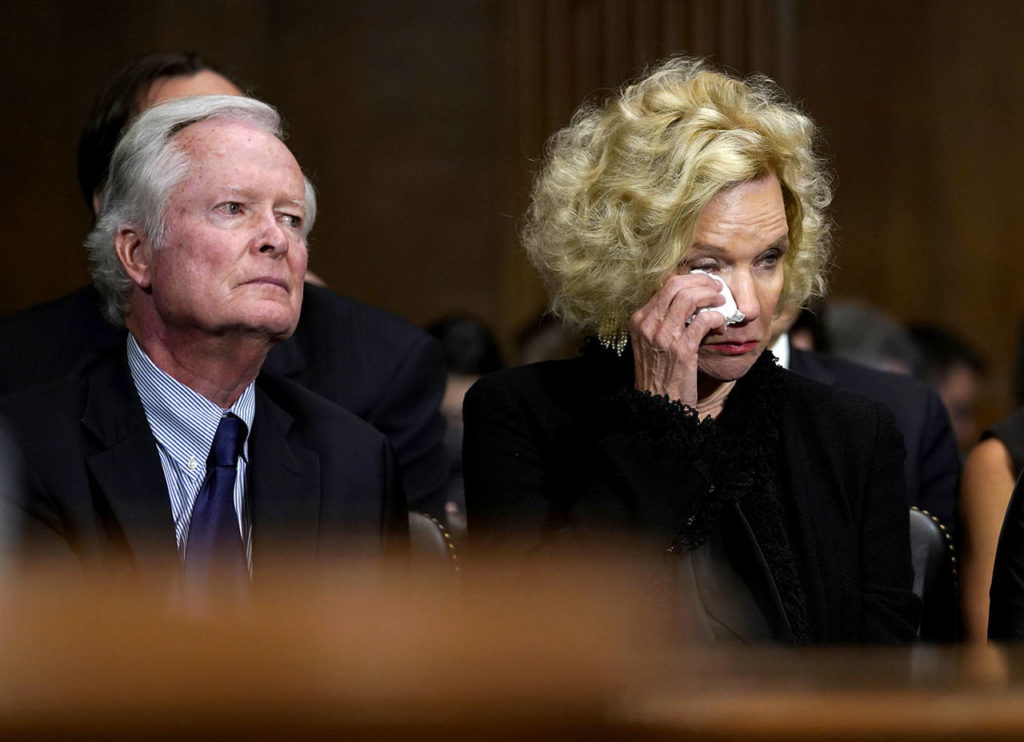 Edward Kavanaugh and his wife, Martha, parents of Supreme court nominee Brett Kavanaugh, listen as he testifies before the Senate Judiciary Committee on Capitol Hill in Washington on Thursday. (AP Photo/Andrew Harnik, Pool)
