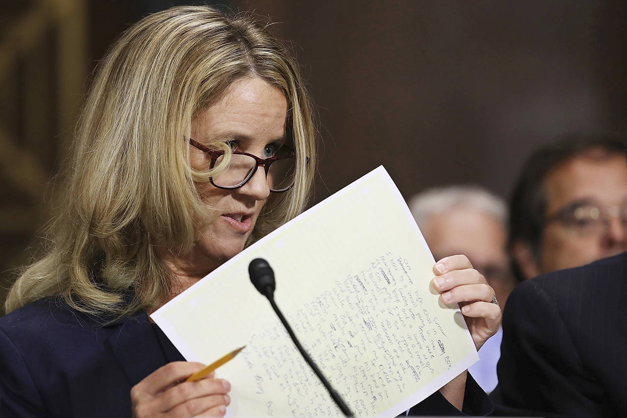 Christine Blasey Ford testifies before the Senate Judiciary Committee on Thursday in Washington. (Win McNamee/Pool Image via AP)