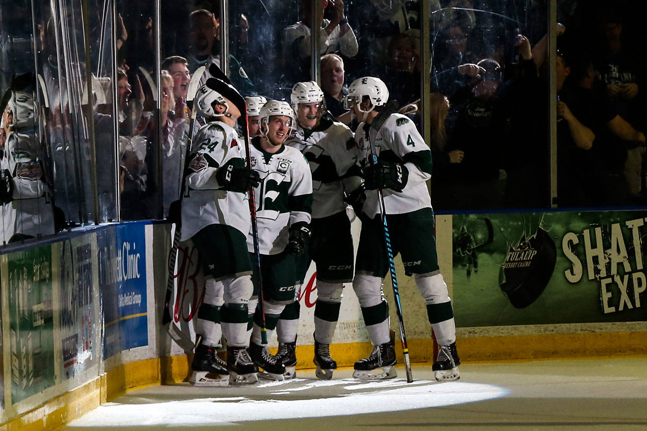 The Silvertips celebrate a goal in the first period during game 5 Friday night at Angel of the Winds Arena Everett on May 11, 2018. (Kevin Clark / The Herald)